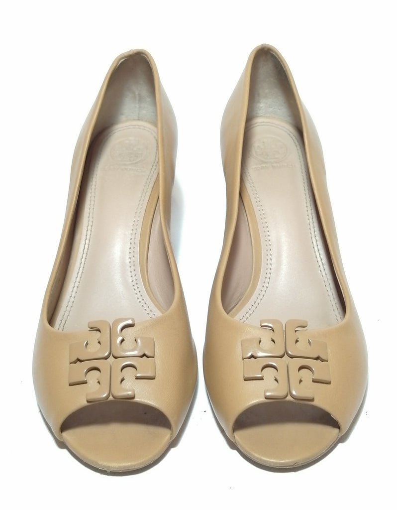 Tory Burch Tan Peep Toe Wedges