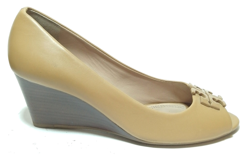 Tory Burch Tan Peep Toe Wedges