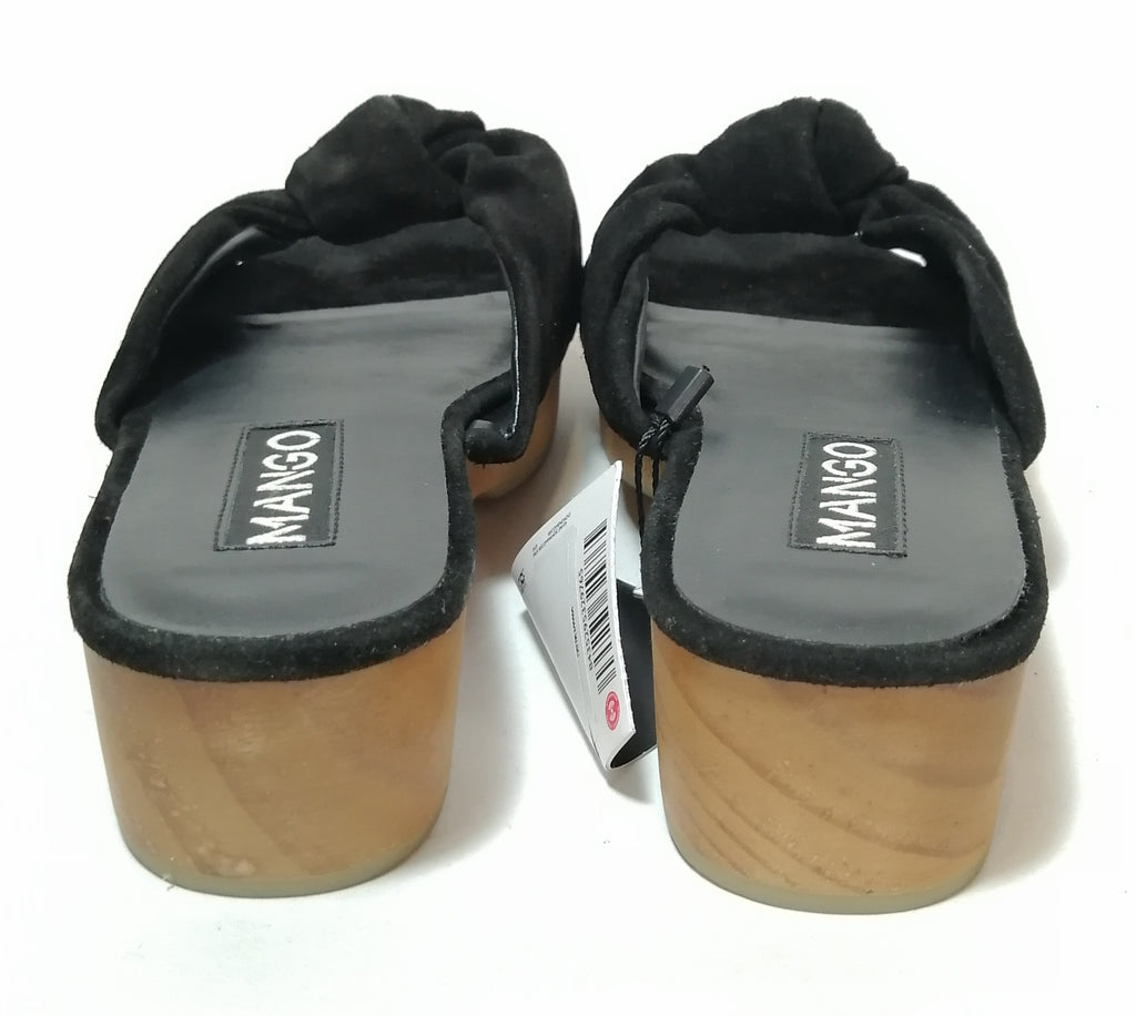 Mango Black Bow Suede Wooden Block Heel Sandals | Brand New |