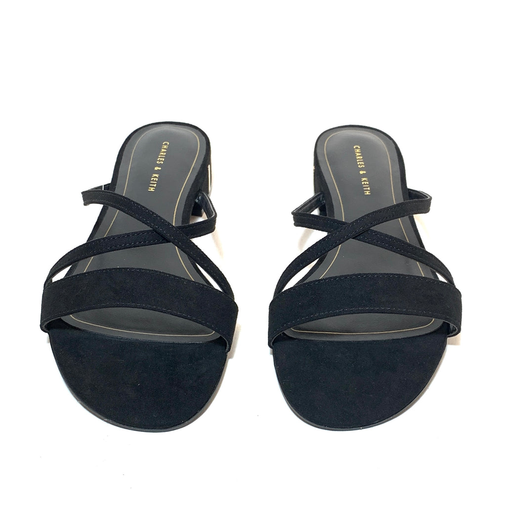 Charles & Keith Black Suede Strappy Block Heel Sandals | Brand New |