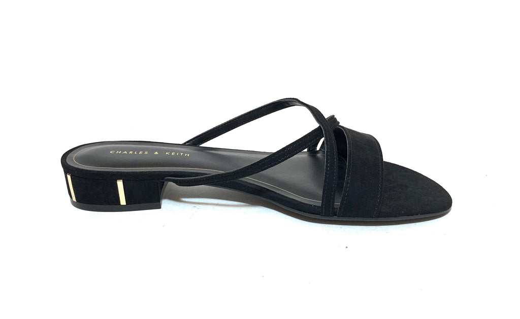 Charles & Keith Black Suede Strappy Block Heel Sandals | Brand New |
