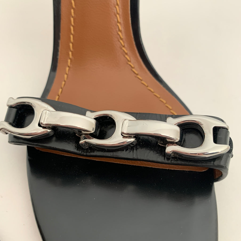 Coach Black Leather with Silver Monogram Chain Heeled Sandals | Gently Used |