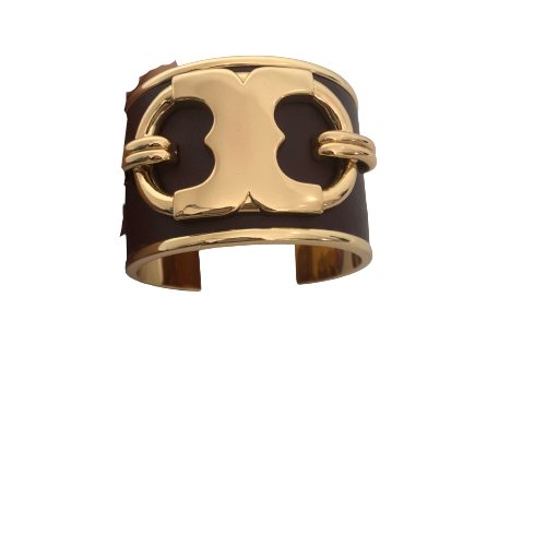 Tory Burch Brown Leather and Gold Logo Cuff Bracelet | Gently Used |