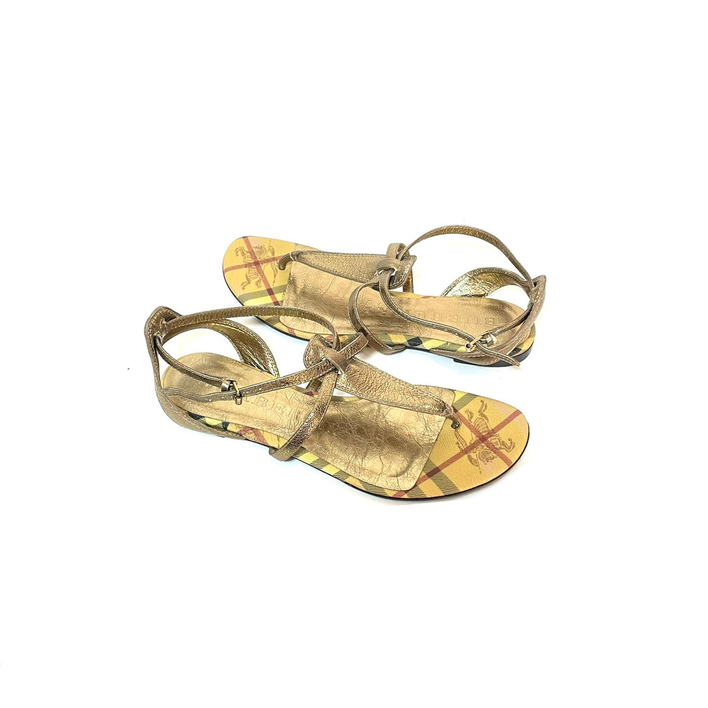 Burberry Gold Haymarket Check Splash Flat Sandals | Pre Loved |