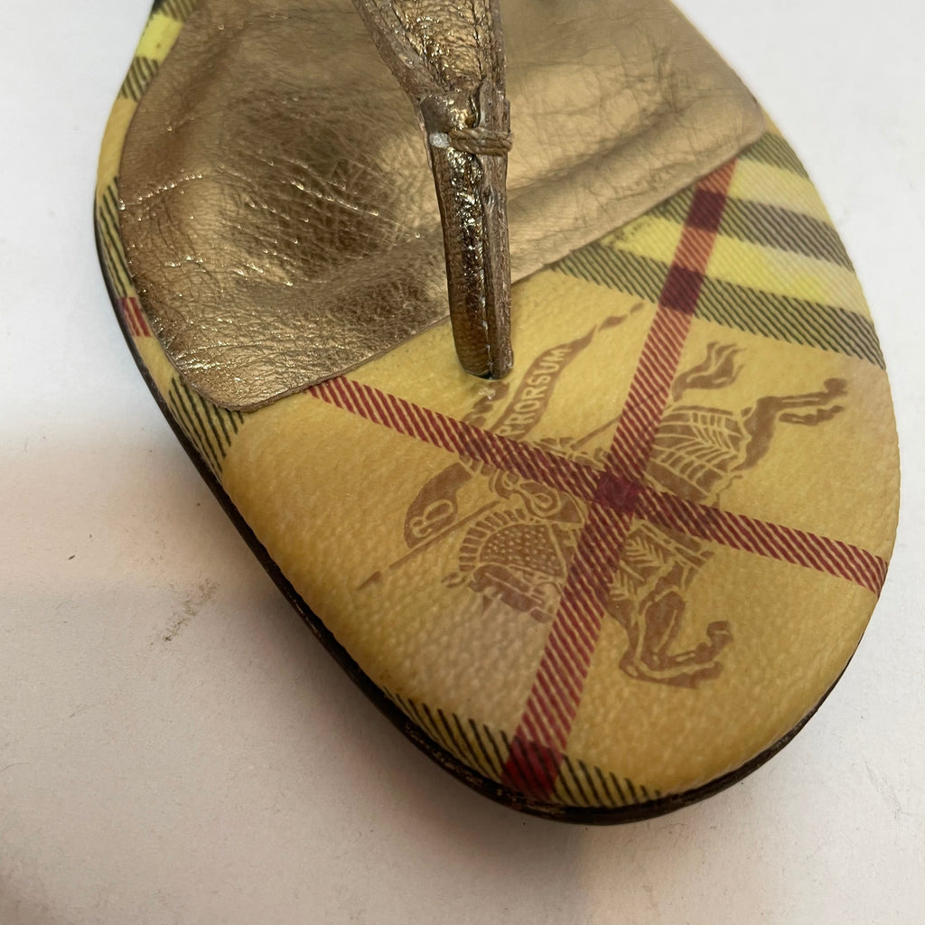 Burberry Gold Haymarket Check Splash Flat Sandals | Pre Loved |