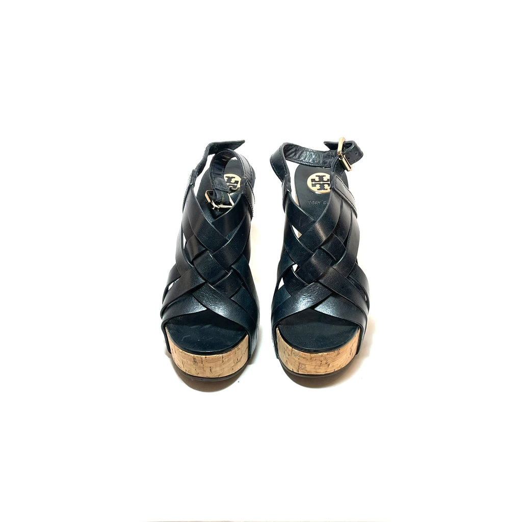 Tory Burch Black Leather & Cork Platform Wedges | Pre Loved |