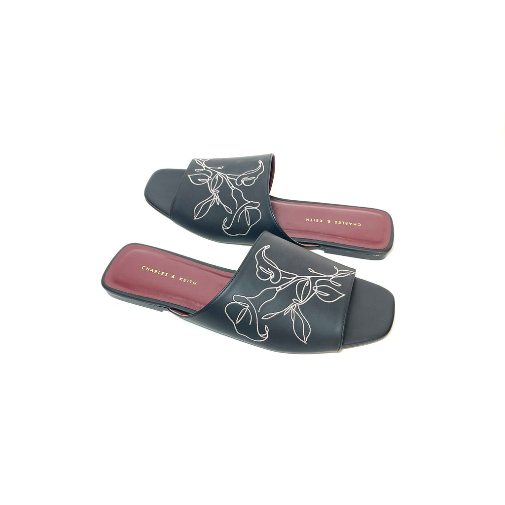 Charles & Keith Black with Pink Embroidery Slides | Like New |