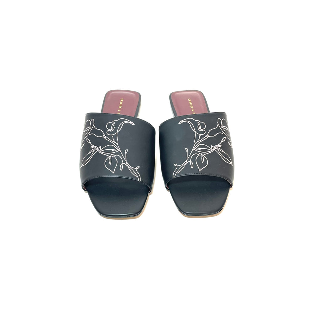 Charles & Keith Black with Pink Embroidery Slides | Like New |