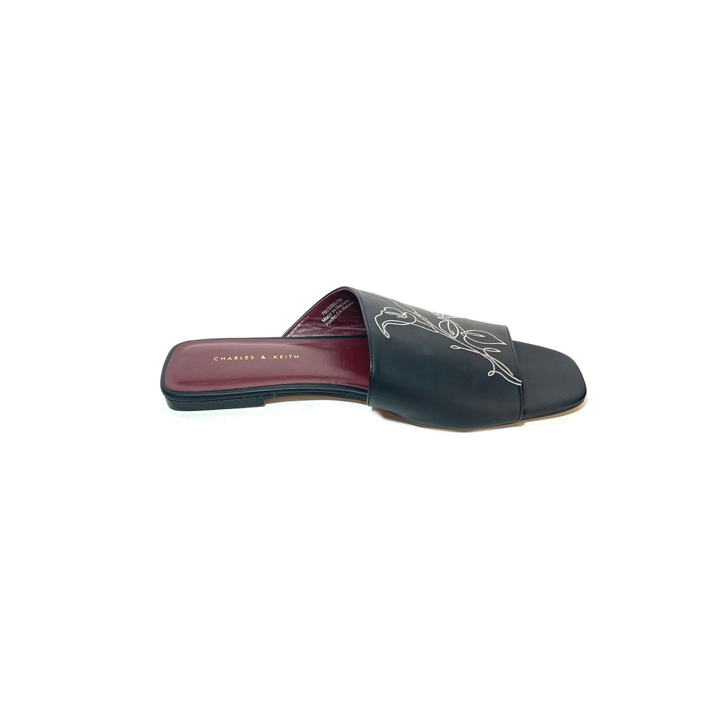 Charles & Keith Black with Pink Embroidery Slides | Like New |