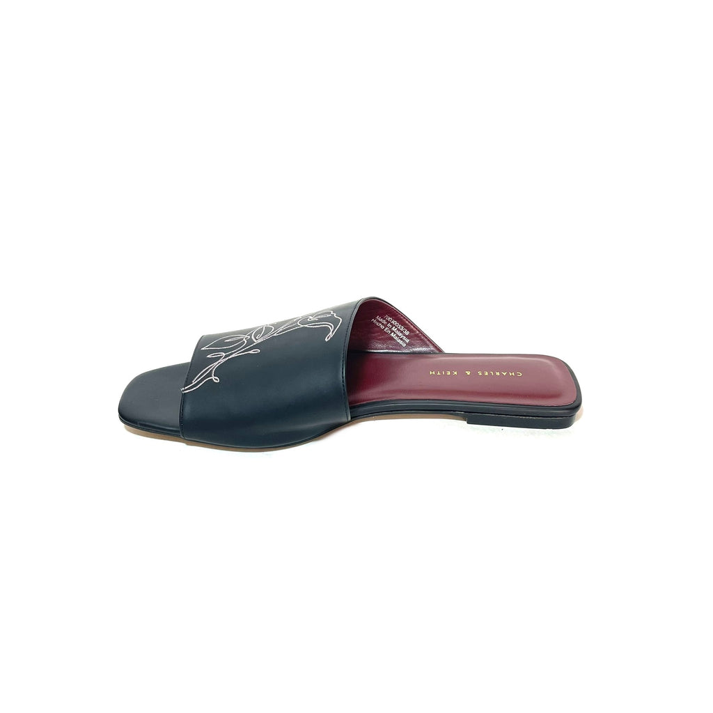Charles & Keith Black with Pink Embroidery Slides | Like New |