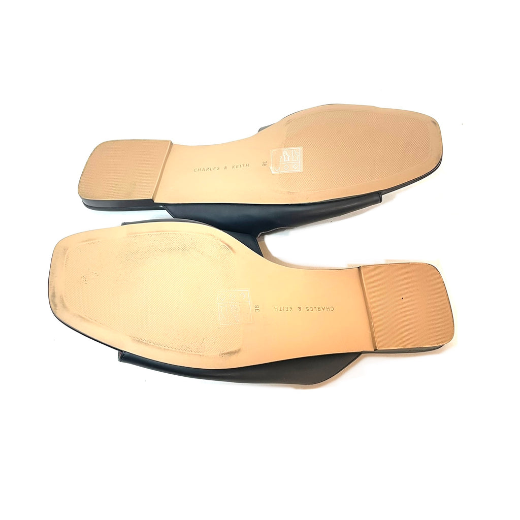 Charles & Keith Black with Pink Embroidery Slides | Like New |