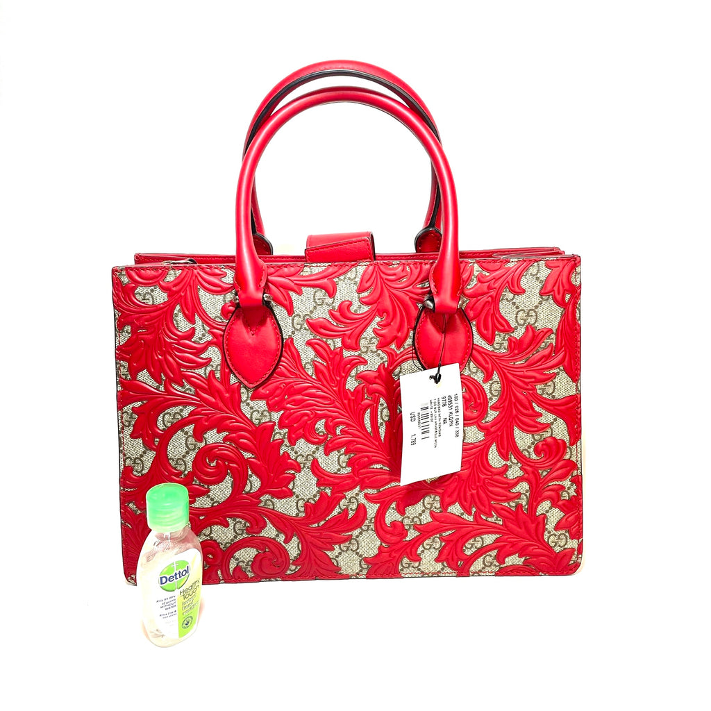 Gucci Beige Arabesque Canvas & Red Leather Top Handle Tote | Brand New |