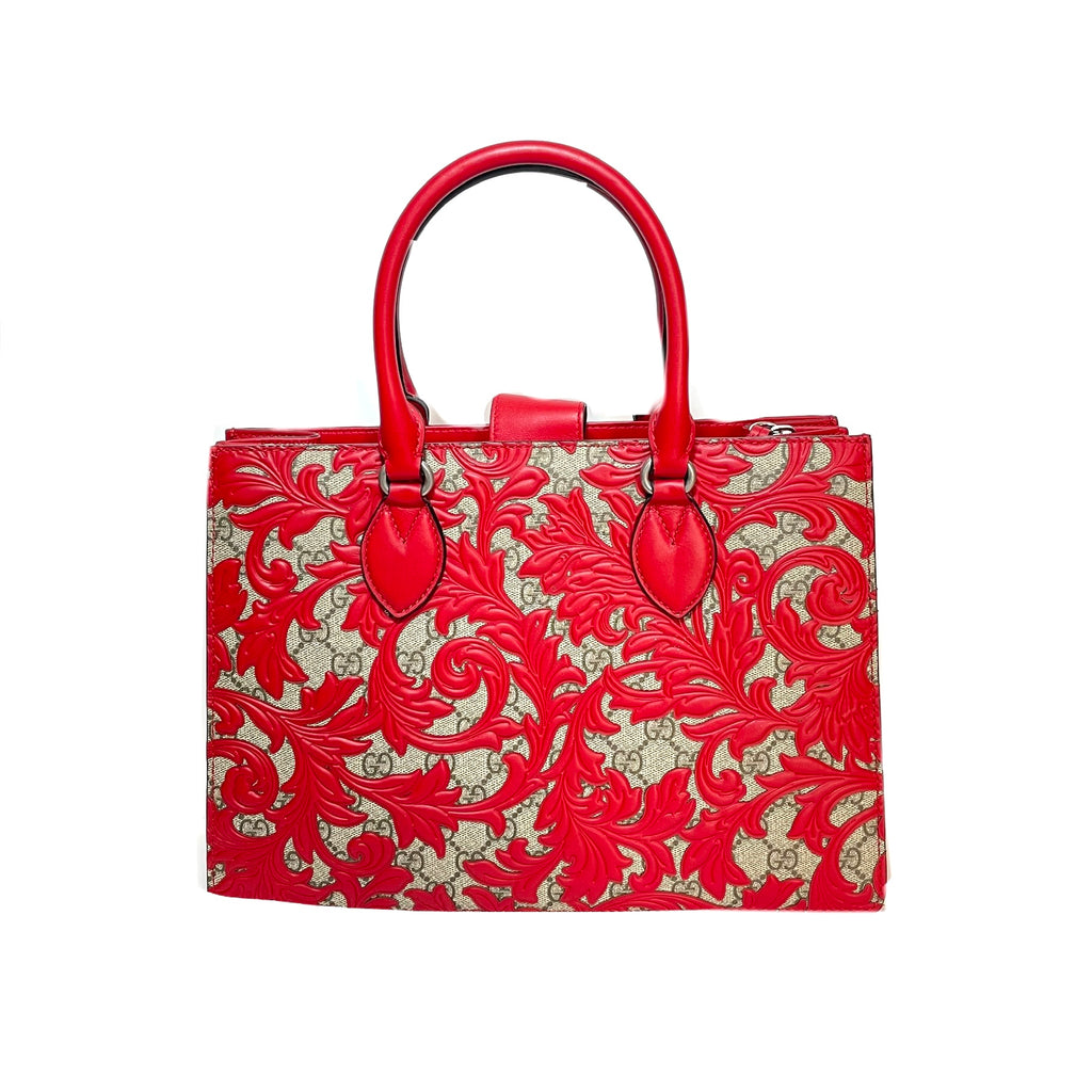 Gucci Beige Arabesque Canvas & Red Leather Top Handle Tote | Brand New |