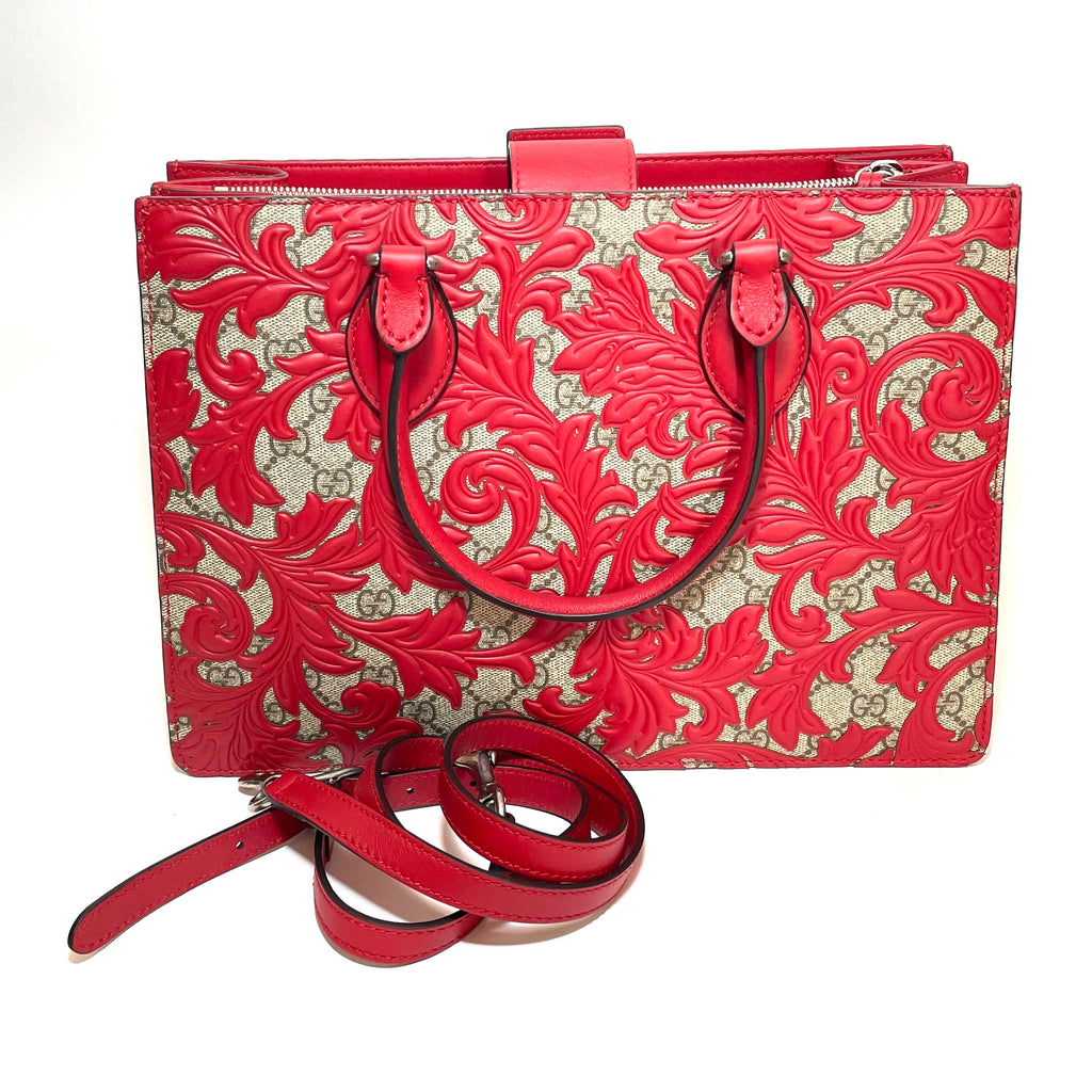 Gucci Beige Arabesque Canvas & Red Leather Top Handle Tote | Brand New |