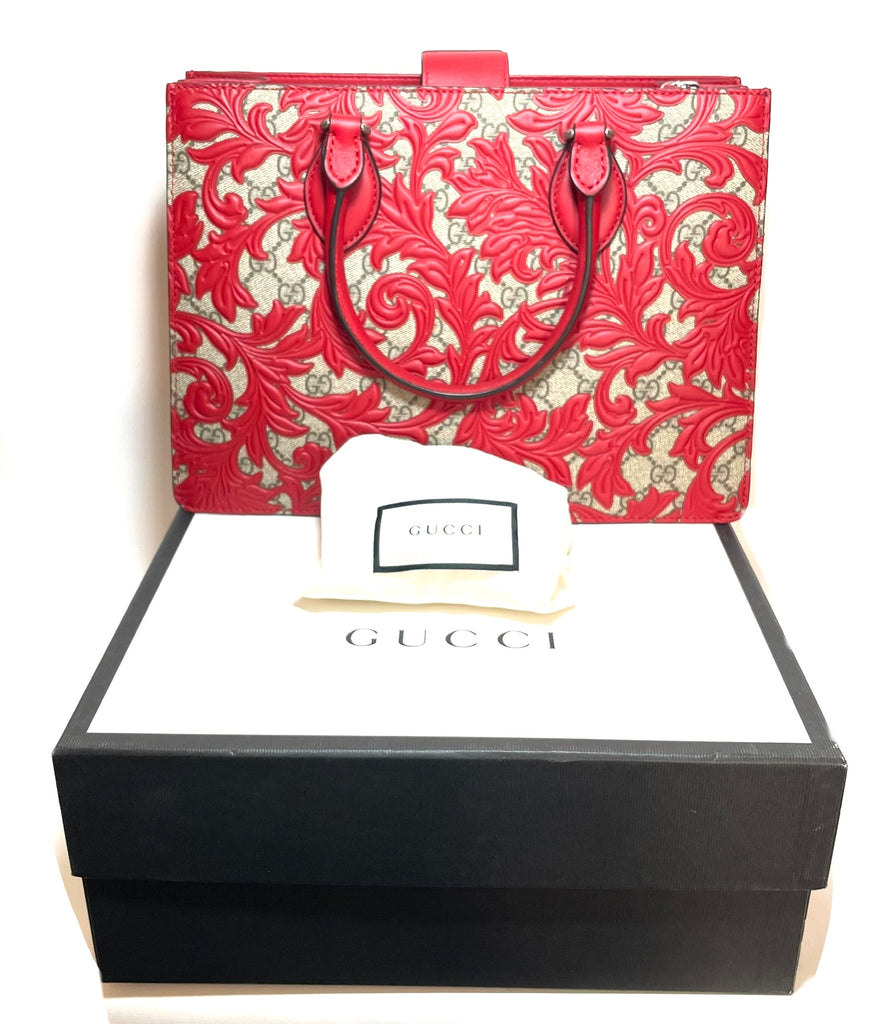 Gucci Beige Arabesque Canvas & Red Leather Top Handle Tote | Brand New |