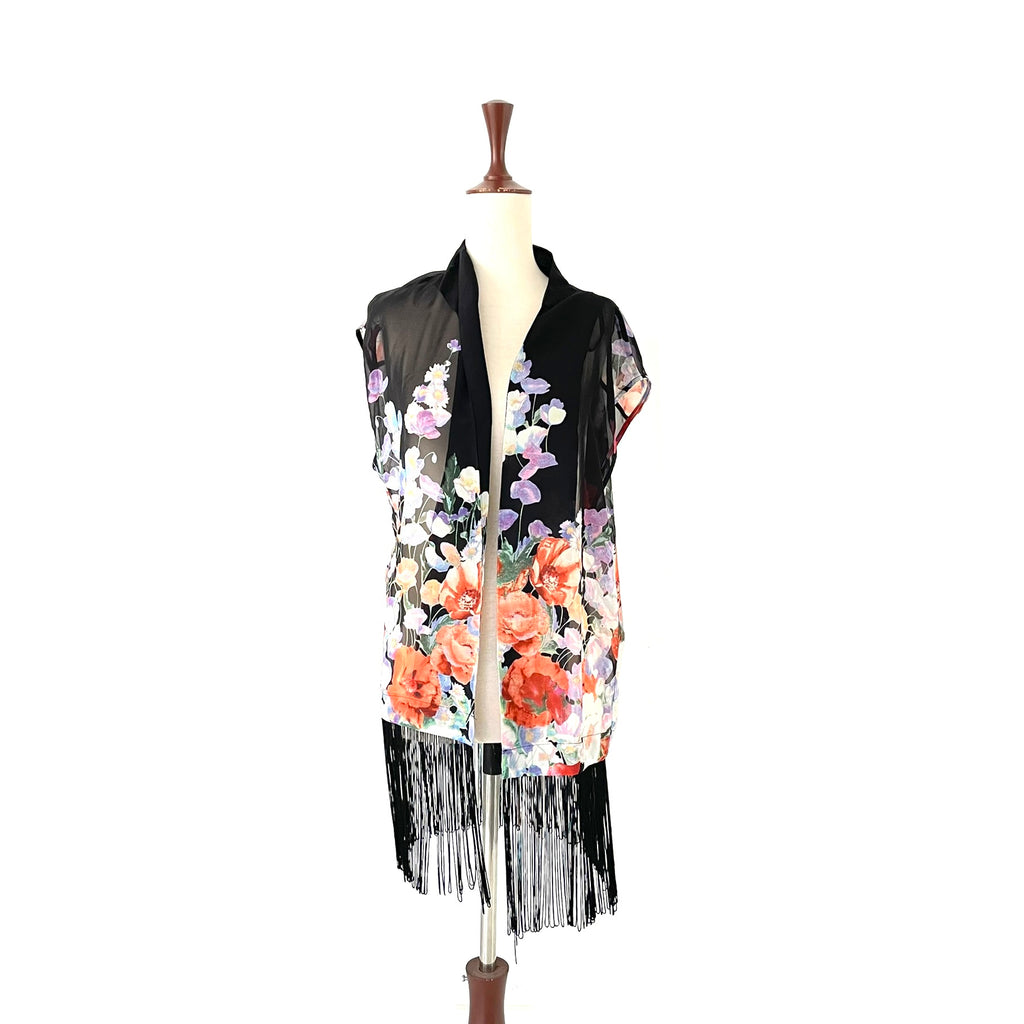 Quiz Floral Sleeveless Chiffon Fringe Jacket | Gently Used |