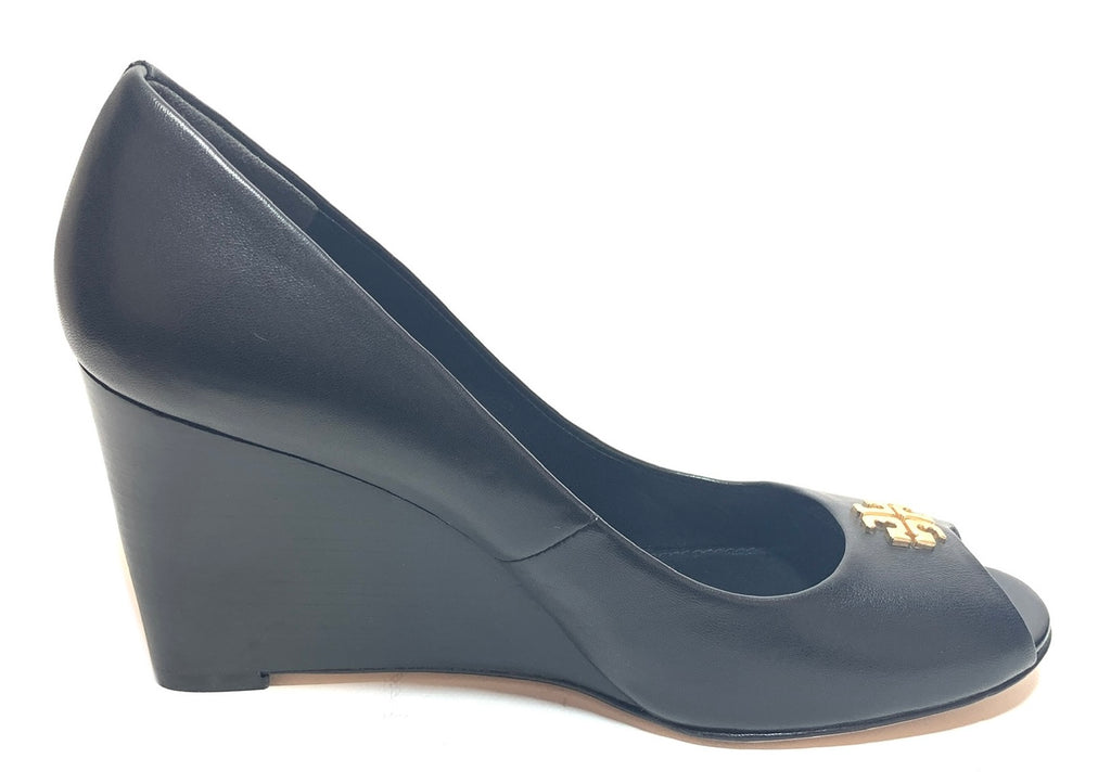 Tory Burch Black Leather 'Jolie' Peep-toe Wedges | Gently Used |