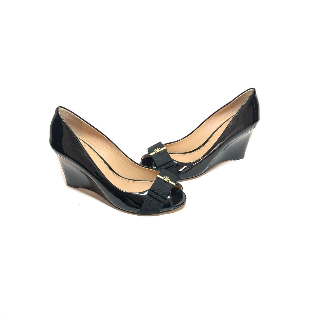 Tory Burch Black Patent Leather 'Trudy' Peep-toe Wedges | Like New |