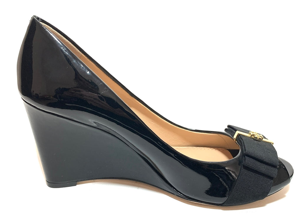 Tory Burch Black Patent Leather 'Trudy' Peep-toe Wedges | Like New |