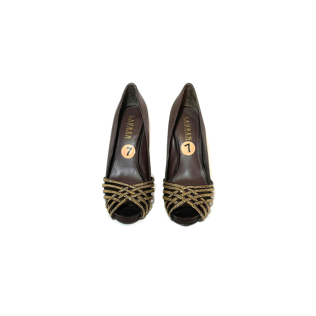 Lauren Ralph Lauren Brown Satin with Gold Rhinestones Peep-toe Heels | Gently Used |