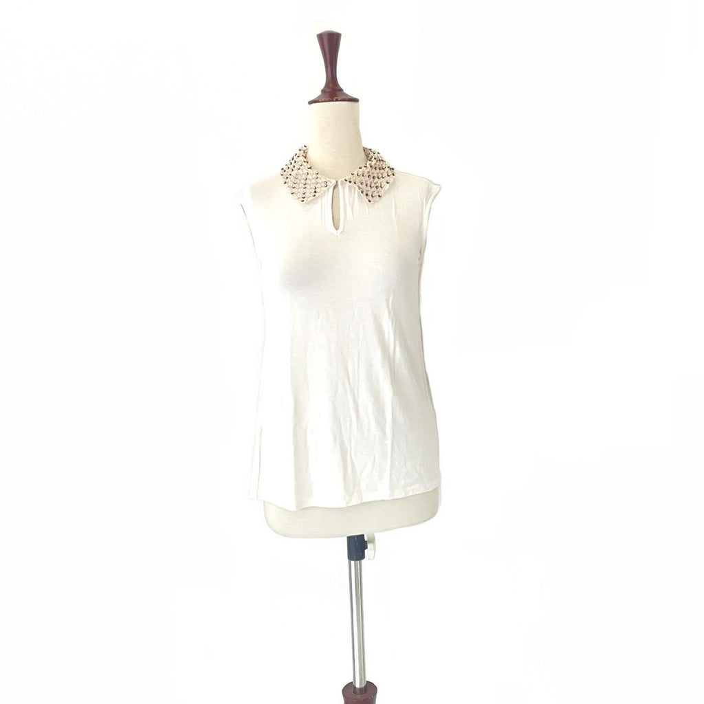 Koton Off-White Sleeveless Top with Rhinestone Lace Collar | Pre Loved |