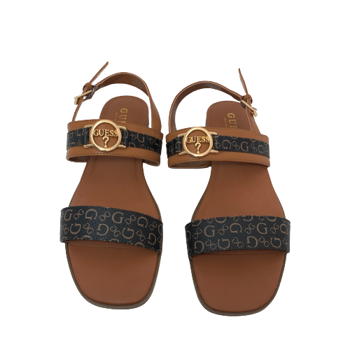 Guess Tan Dual Strap Monogram Sandals | Brand New |