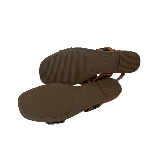Guess Tan Dual Strap Monogram Sandals | Brand New |