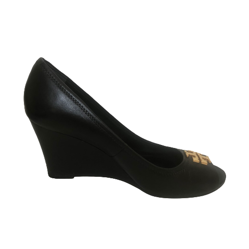 Tory Burch 'Laura' Black Leather Peep-toe Wedges | Pre Loved |