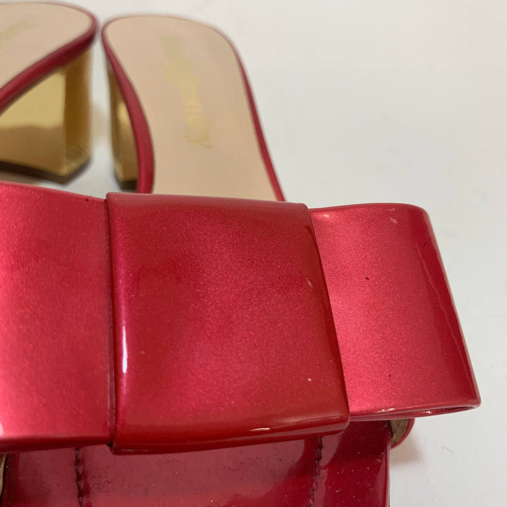 Russell & Bromley Red Patent Leather & Gold Block Heel Sandals | Gently Used |