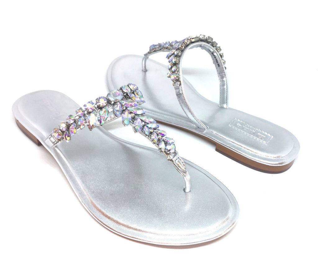 DUNE 'NARA' Silver Metallic Jeweled Flat Sandals | Gently Used |