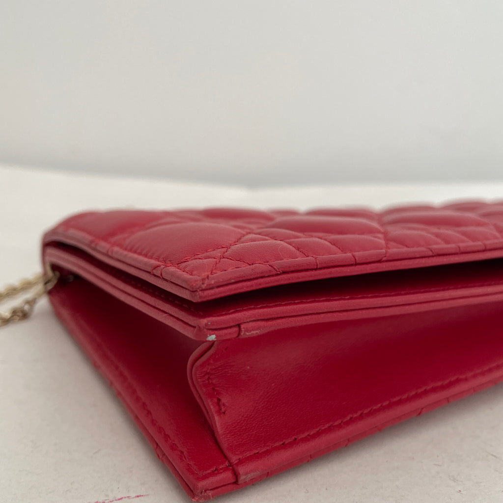 DIOR 'Lady Dior' Red Leather Quilted Clutch | Gently Used |