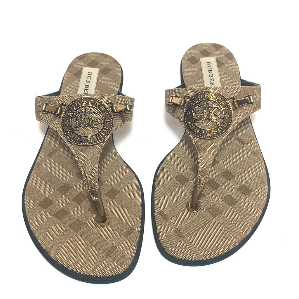 Burberry Bronze 'Maypole' Checked Canvas Sandals | Like New |