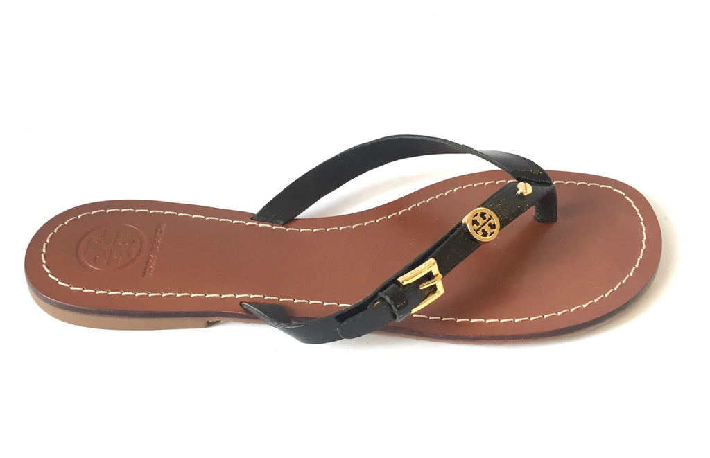 Tory Burch Black Leather Monogram Flip Flop Sandals | Brand New | - Secret Stash