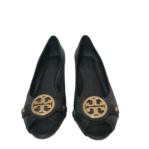 Tory Burch Black Leather 'Leticia' Peep-toe Wedges | Pre Loved |