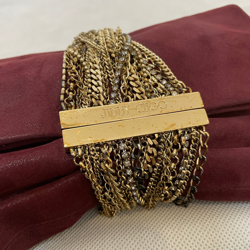 Jimmy Choo Maroon Suede & Gold Chains Clutch | Pre Loved |