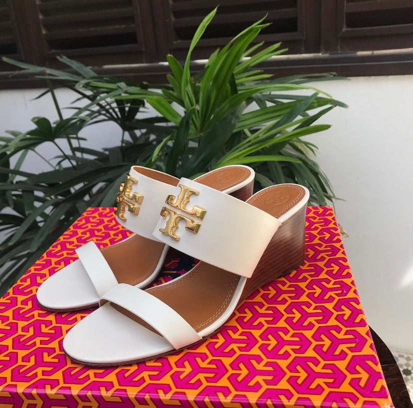 Tory Burch White Leather Dual Strap 'Everly' Wedges | Brand New |