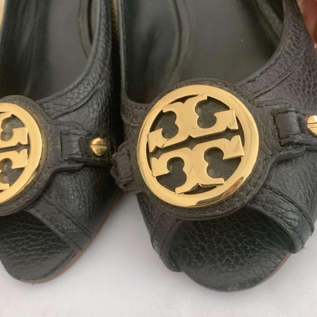Tory Burch Black Leather 'Leticia' Peep-toe Wedges | Pre Loved |