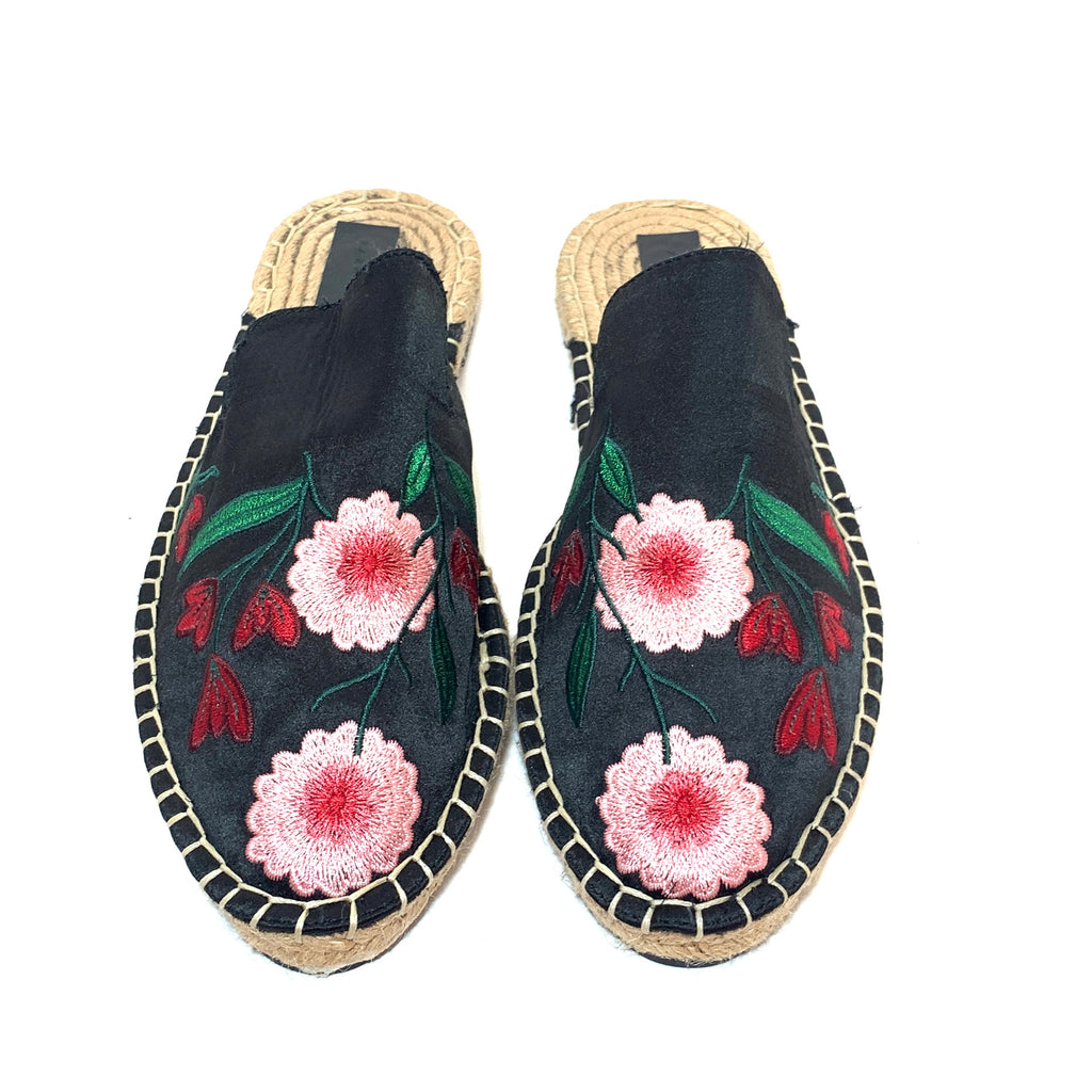 Zara Black Floral Embroidered Flat Mules | Like New |