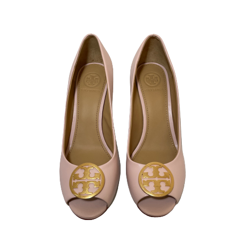 Tory Burch 'Benton' Sea Shell Pink Leather Peep-Toe Wedges | Like New |