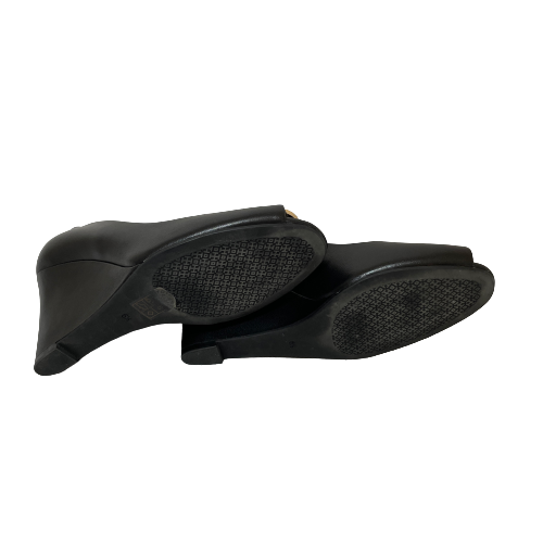 Tory Burch Black Leather Logo Peep-Toe Wedges | Gently Used |