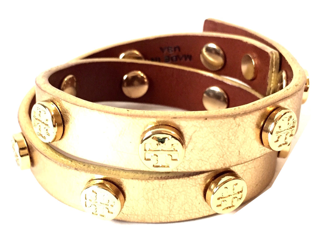 Tory Burch Metallic Gold Double Wrap Logo Stud Leather Bracelet | Gently Used |