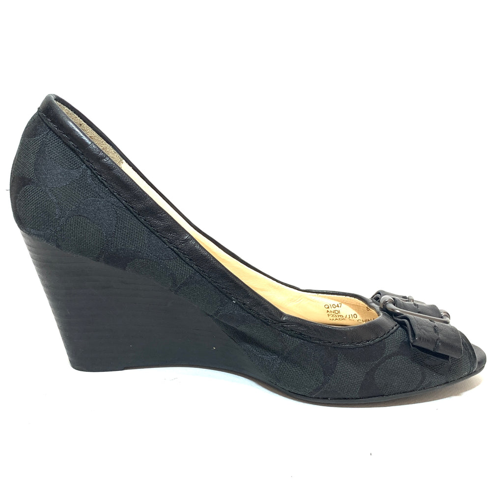Coach Black 'ANDI' Monogram Peep-toe Wedges | Pre Loved |