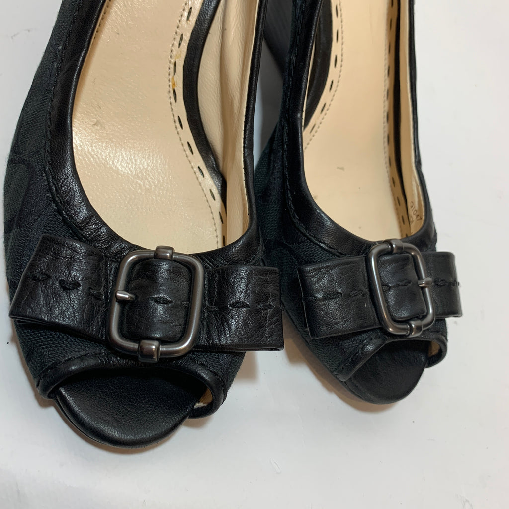 Coach Black 'ANDI' Monogram Peep-toe Wedges | Pre Loved |