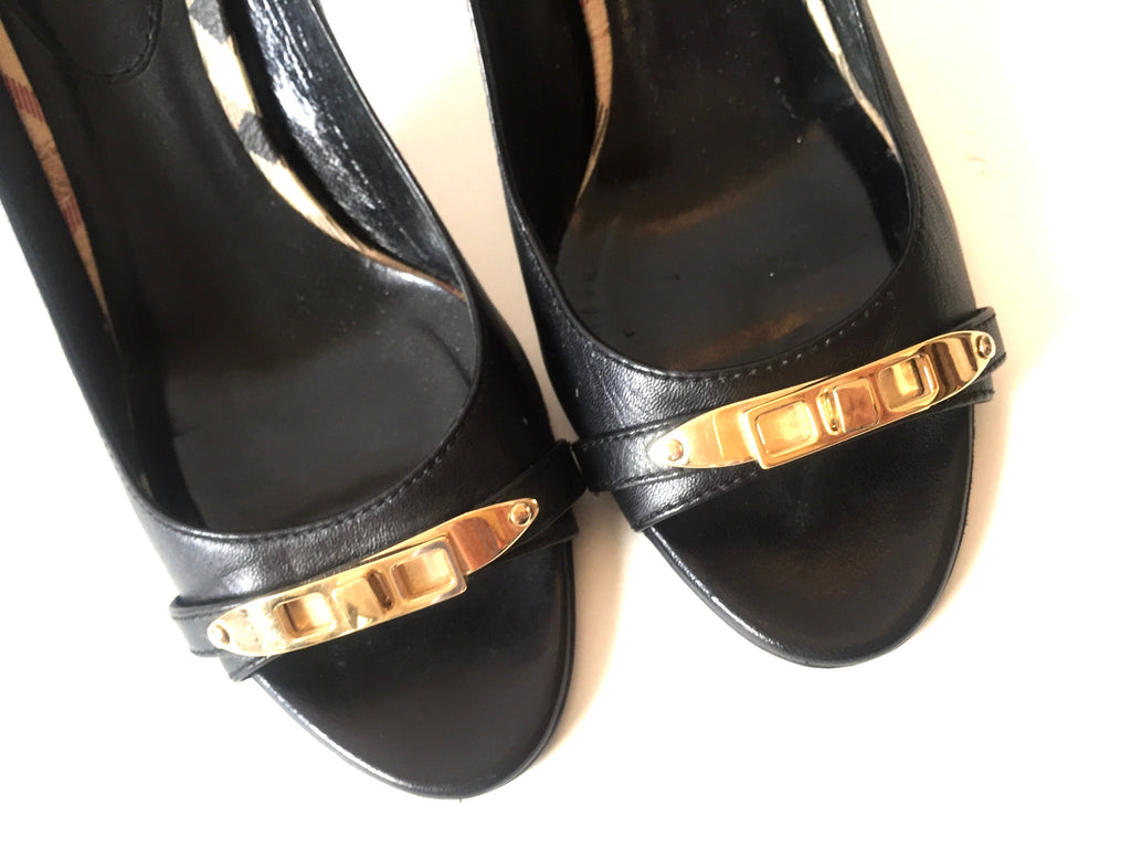 Burberry Black Leather with House Check Trim Pumps | Gently Used | - Secret Stash