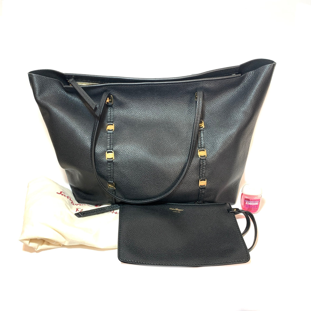 Salvatore Ferragamo Black Pebbled Leather Logo Tote Bag | Gently Used |