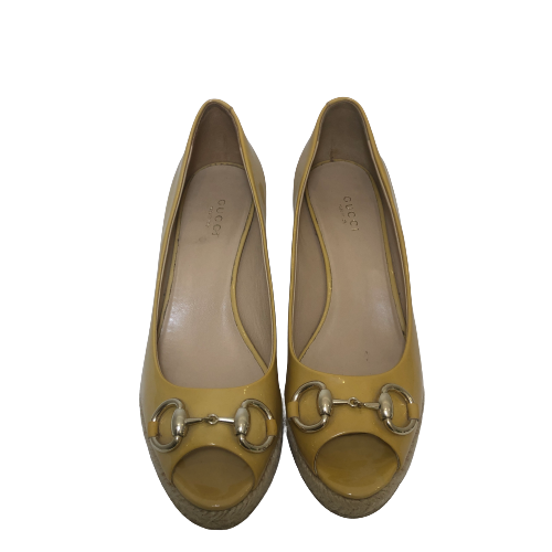 Gucci Yellow Patent Leather Horsebit Peep-toe Wedges | Gently Used |