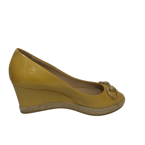 Gucci Yellow Patent Leather Horsebit Peep-toe Wedges | Gently Used |