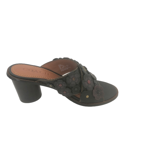Coach Tea Rose Black Leather Flower Mules | Pre Loved |