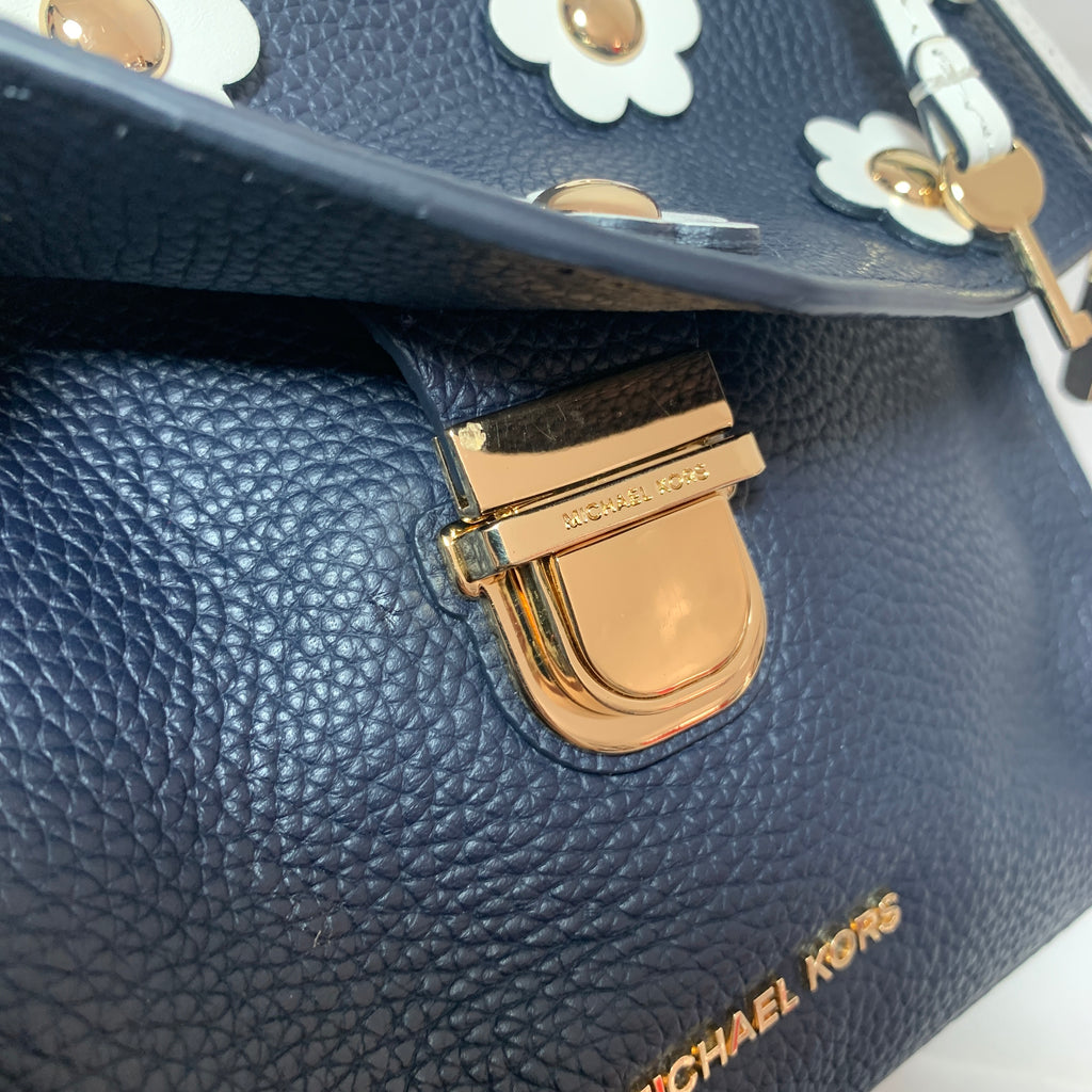 Michael Kors Navy Pebbled Leather 'Bristol' Floral Applique Small Tote | Gently Used |