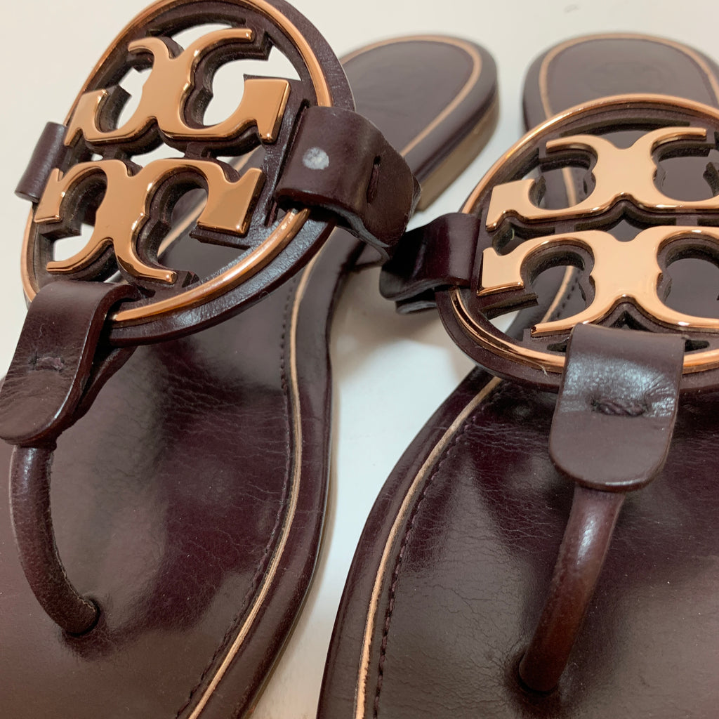 Tory Burch Oxblood 'Miller' Metal Logo Sandals | Gently Used |